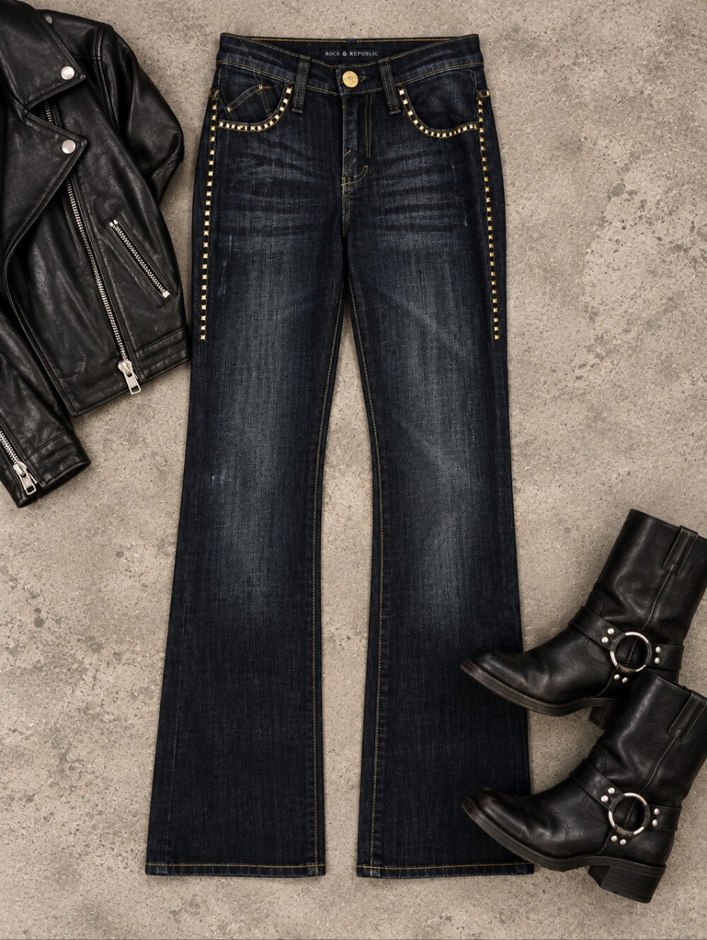 Rock & Republic KASANDRA Dark Wash Studded Moto Rocker NWOT denim Jeans Ladies 6